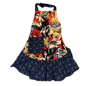 Womens Multi Color Skull Floral & Graphic Print Pinup Style Apron S/M